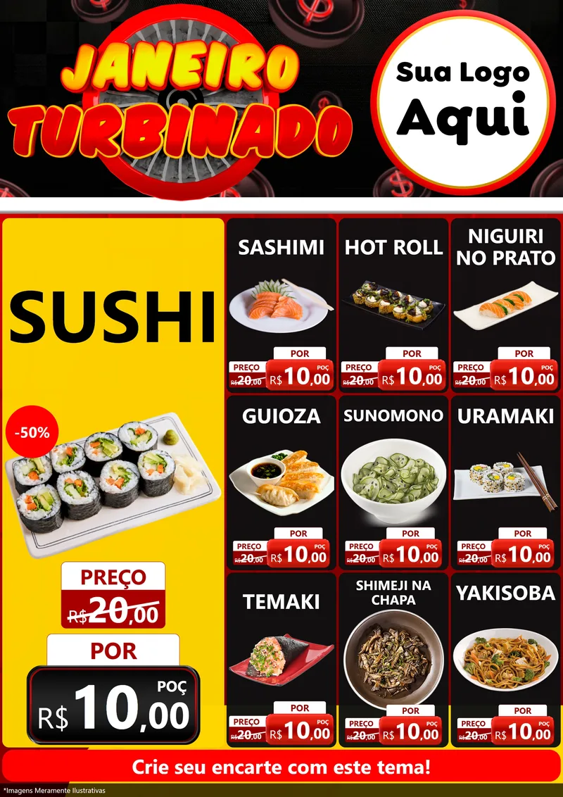 Modelo de Encarte para Encarte A4 Vertical com o tema Janeiro Turbinado para Comida japonesa