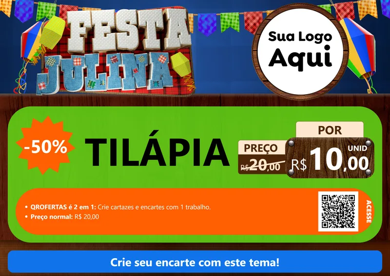 Modelo de Cartaz para Cartaz A4 Horizontal com o tema Festa Julina para Peixaria