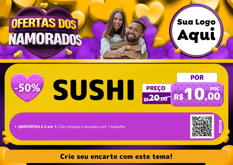 Modelo de Cartaz para Cartaz A4 Horizontal com o tema Oferta Dos Namorados para Comida japonesa