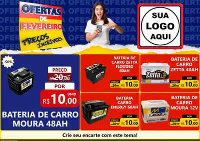 Modelo de Encarte para Encarte A4 Horizontal com o tema Ofertas de Fevereiro - Preços Incríveis para Baterias Elétricas