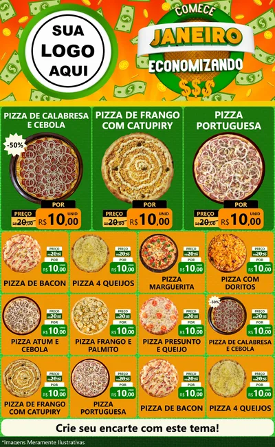 Modelo de Encarte para Encarte Grande com o tema Comece Janeiro Economizando para Pizzaria
