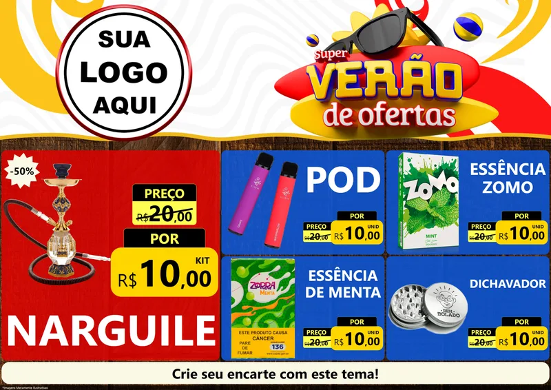 Modelo de Encarte para Encarte A4 Horizontal com o tema Super Verão de Ofertas para Tabacaria