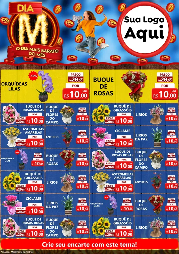 Modelo de Encarte para Encarte A4 Vertical com o tema Dia M - O Dia Mais Barato Do Mês para Floricultura e jardim