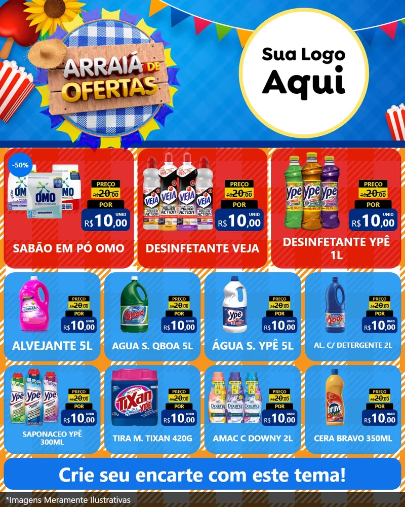 Modelo de Rede Social para Feed Instagram com o tema Arraiá de Ofertas para Produtos de Limpeza
