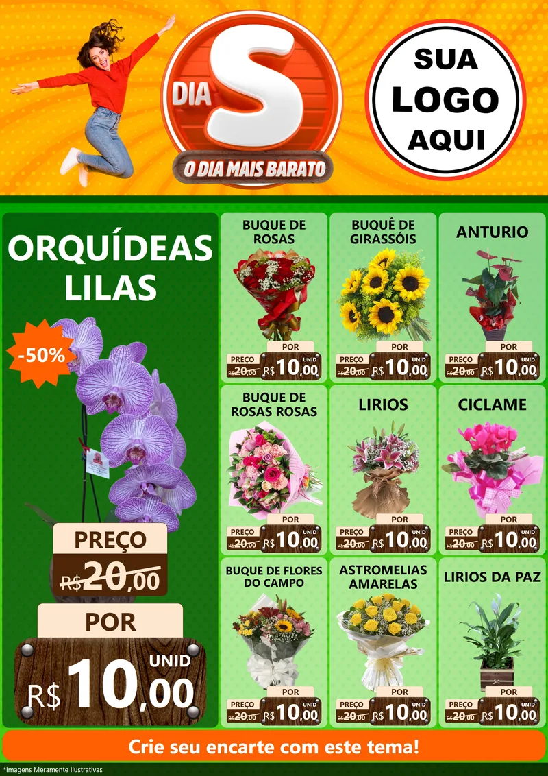 Modelo de Encarte para Encarte A4 Vertical com o tema Dia S - O Dia Mais Barato para Floricultura e jardim