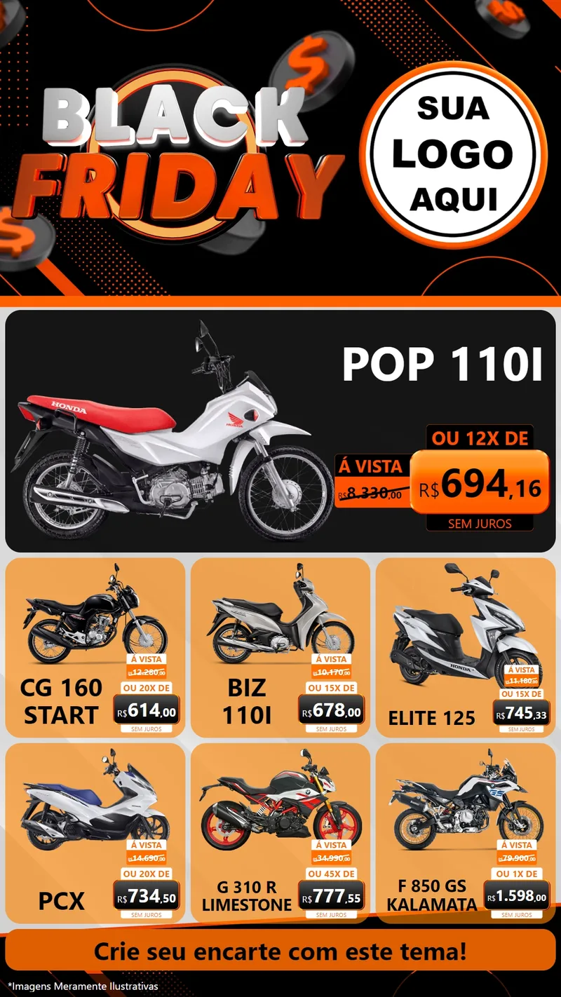 Modelo de Rede Social para Stories com o tema Black Friday para Concessionaria de Motos