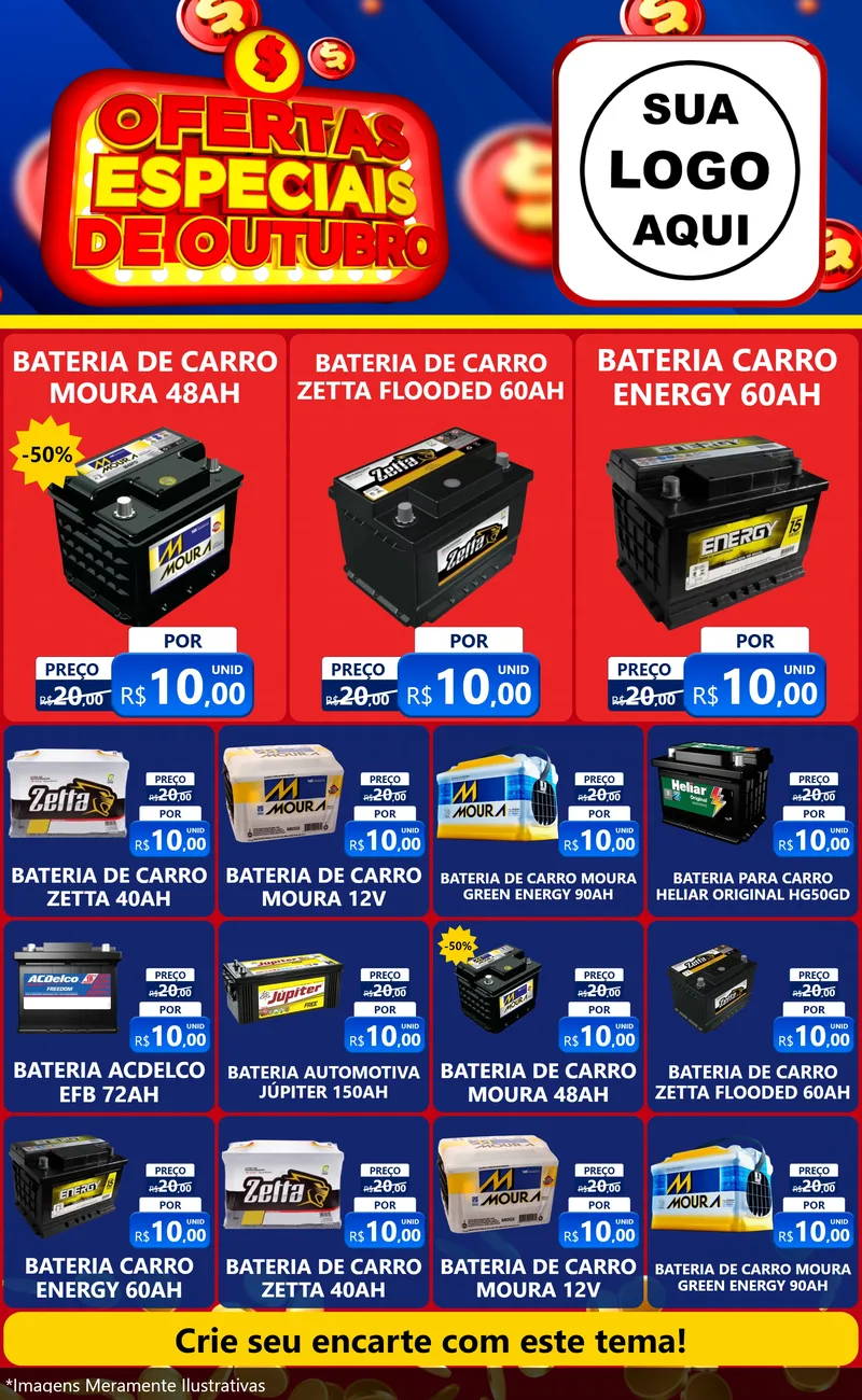 Modelo de Encarte para Encarte Grande com o tema Ofertas Especiais de Outubro para Baterias Elétricas