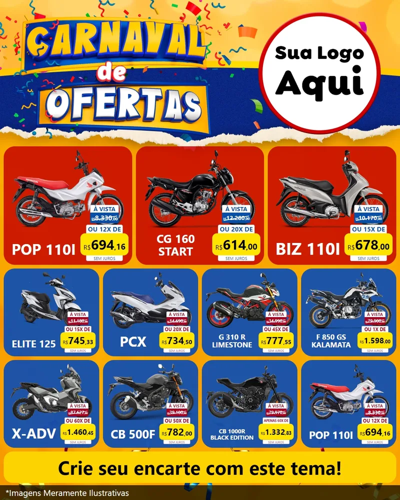 Modelo de Rede Social para Feed Instagram com o tema Carnaval de Ofertas para Concessionaria de Motos