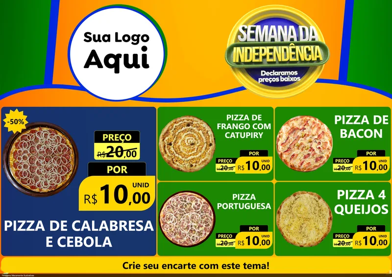 Modelo de Encarte para Encarte A4 Horizontal com o tema Semana da Independência Declaramos Preços Baixos para Pizzaria