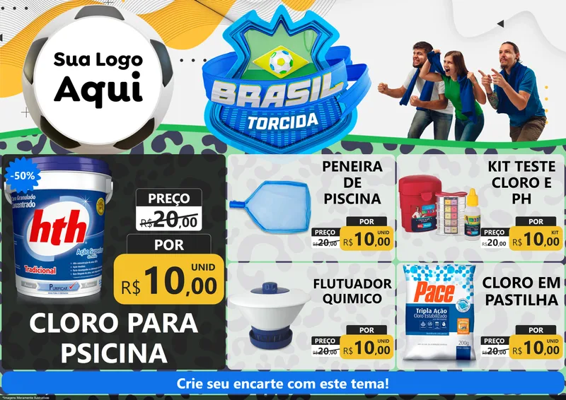 Modelo de Encarte para Encarte A4 Horizontal com o tema Brasil Torcida - Copa para Produtos para Piscina