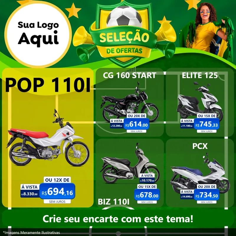 Modelo de Rede Social para Feed Facebook com o tema Seleção de Ofertas - Copa para Concessionaria de Motos