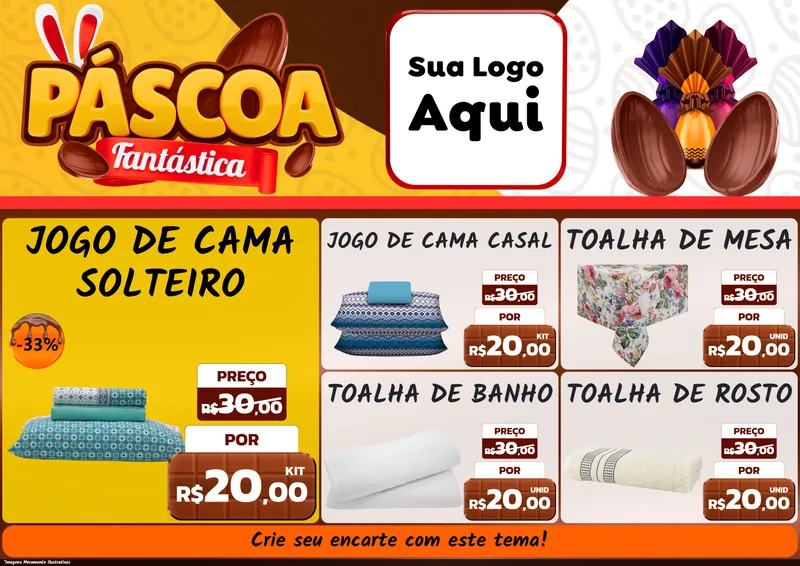 Modelo de Encarte para Encarte A4 Horizontal com o tema Páscoa Fantástica para Cama, Mesa e Banho