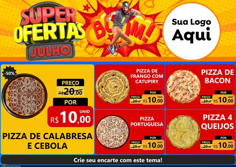 Modelo de Encarte para Encarte A4 Horizontal com o tema Super Ofertas Julho para Pizzaria