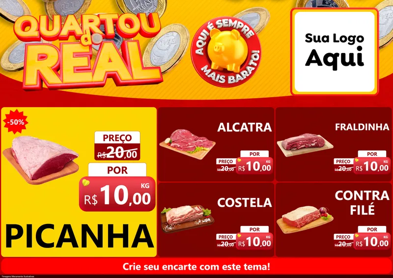 Modelo de Encarte para Encarte A4 Horizontal com o tema Quartou do Real para Açougue