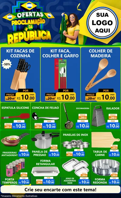 Modelo de Encarte para Encarte Grande com o tema Ofertas Proclamação da República para Utilidades Domésticas