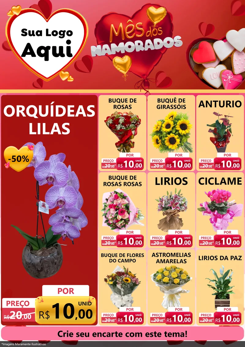 Modelo de Encarte para Encarte A4 Vertical com o tema Mês dos Namorados para Floricultura e jardim
