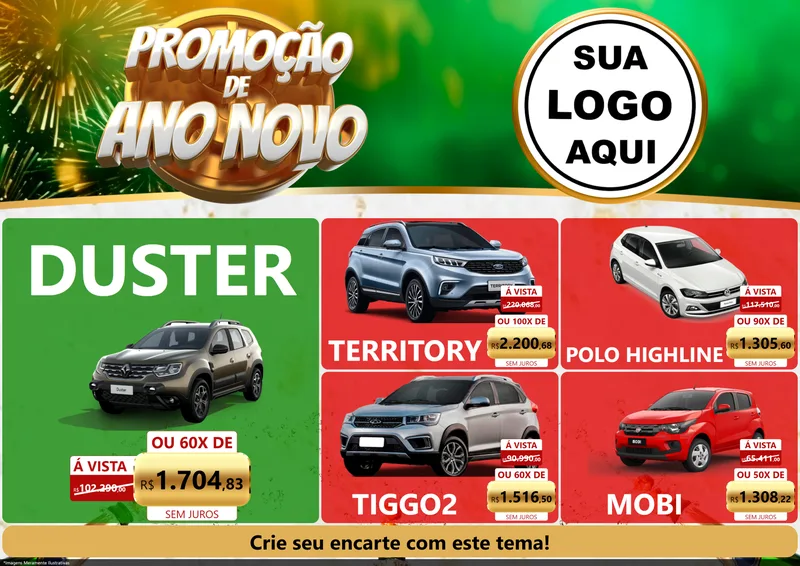 Modelo de Encarte para Encarte A4 Horizontal com o tema Promoção de Ano Novo para Concessionaria de Carros