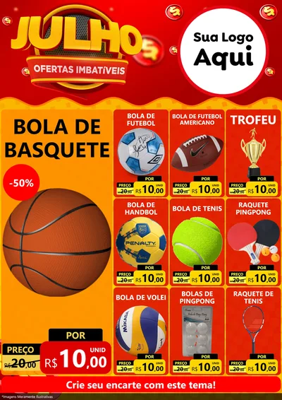 Modelo de Encarte para Encarte A4 Vertical com o tema Julho Ofertas Imbatíveis para Artigos Esportivos