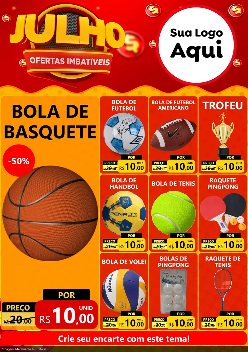 Modelo de Encarte para Encarte A4 Vertical com o tema Julho Ofertas Imbatíveis para Artigos Esportivos