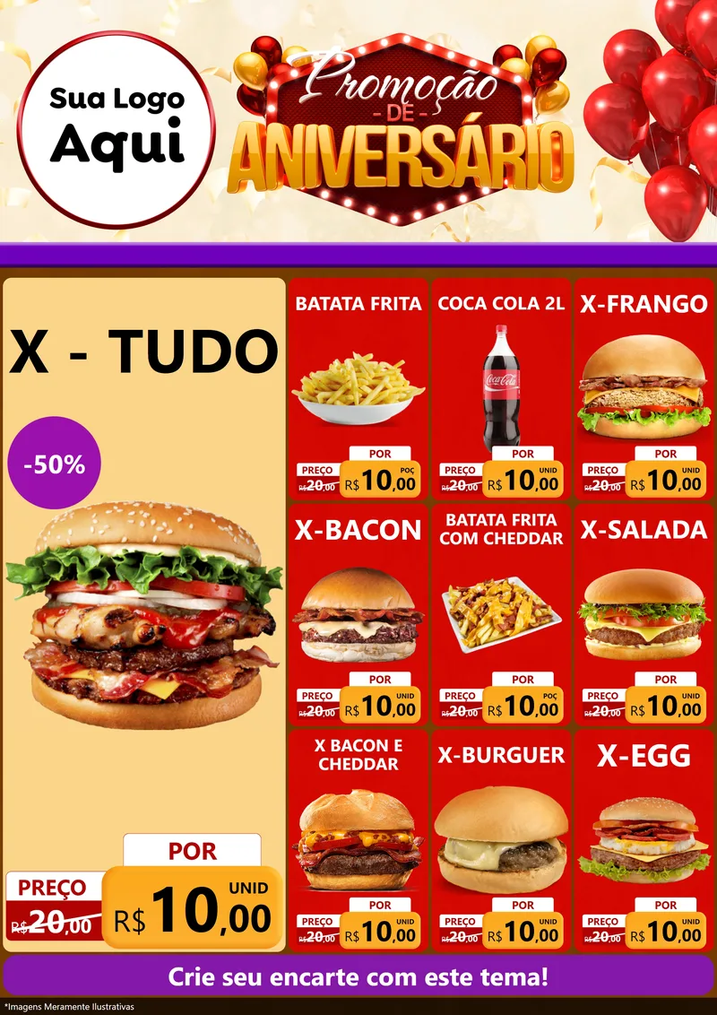 Modelo de Encarte para Encarte A4 Vertical com o tema Promoção de Aniversário para Hamburgueria