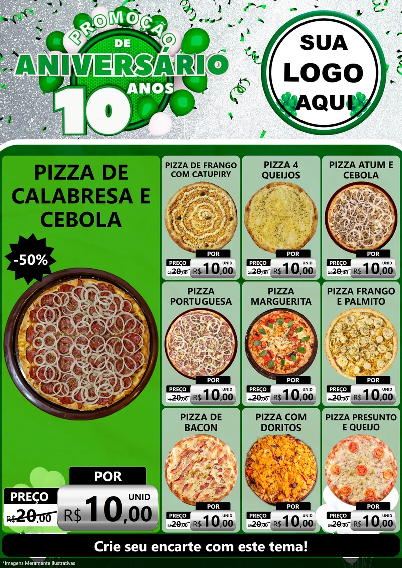 Modelo de Encarte para Encarte A4 Vertical com o tema Promoção de Aniversário - 10 Anos para Pizzaria