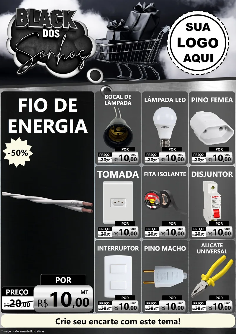 Modelo de Encarte para Encarte A4 Vertical com o tema Black dos Sonhos para Materiais Elétricos