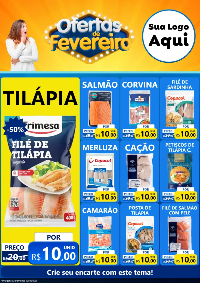 Modelo de Encarte para Encarte A4 Vertical com o tema Ofertas de Fevereiro para Peixaria