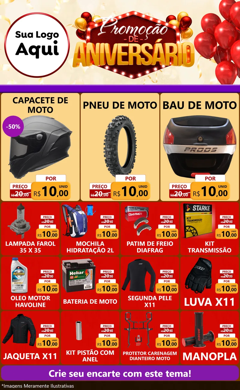 Modelo de Encarte para Encarte Grande com o tema Promoção de Aniversário para Moto peças