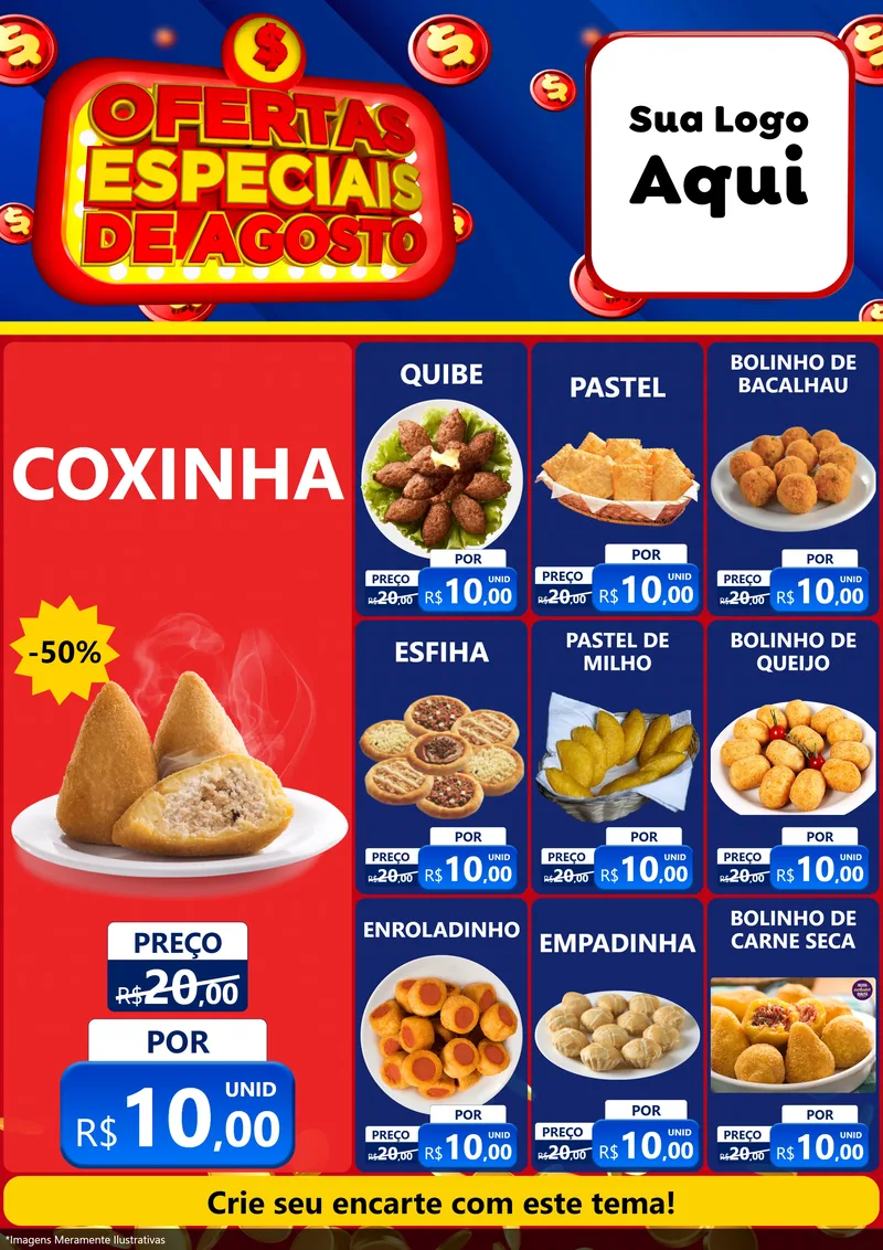 Modelo de Encarte para Encarte A4 Vertical com o tema Ofertas Especiais de Agosto para Salgadaria