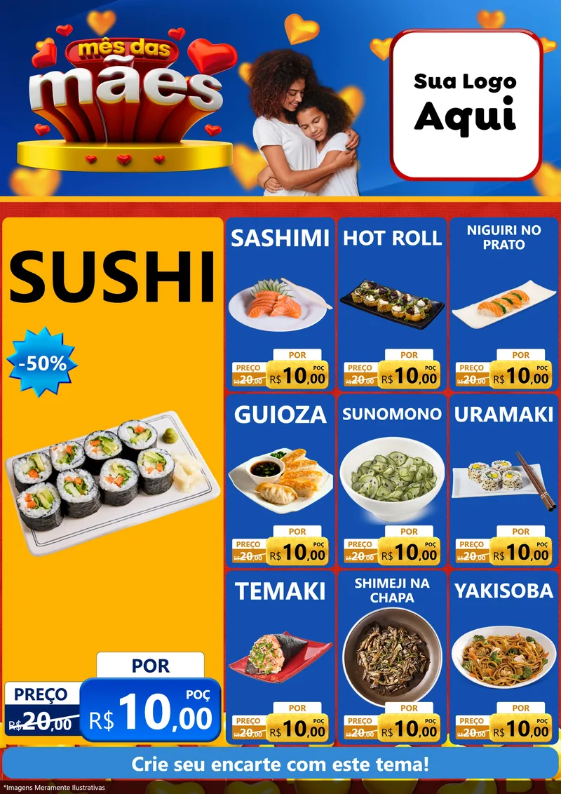 Modelo de Encarte para Encarte A4 Vertical com o tema Mês das Mães para Comida japonesa