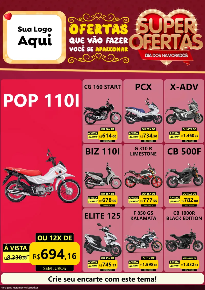 Modelo de Encarte para Encarte A4 Vertical com o tema Dia dos Namorados para Concessionaria de Motos
