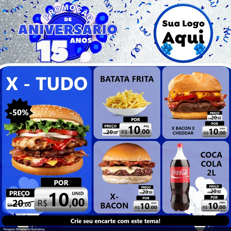 Modelo de Rede Social para Feed Facebook com o tema Promoção de Aniversário - 15 Anos para Hamburgueria