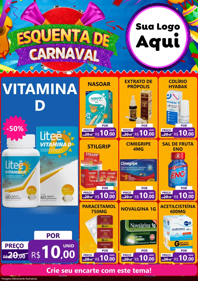Modelo de Encarte para Encarte A4 Vertical com o tema Esquenta de Carnaval para Farmácia