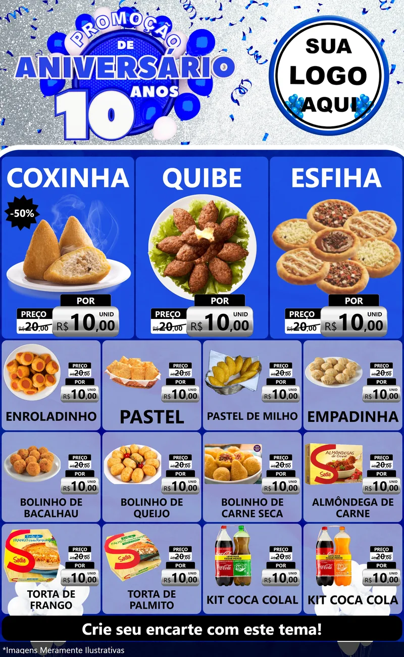 Modelo de Encarte para Encarte Grande com o tema Promoção de Aniversário - 10 Anos para Salgadaria