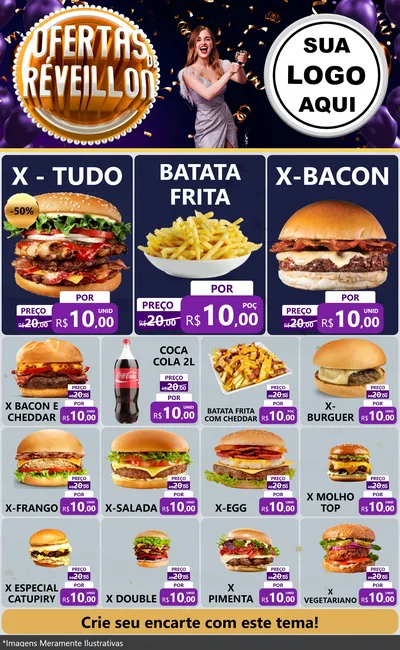 Modelo de Encarte para Encarte Grande com o tema Ofertas de Réveillon para Hamburgueria