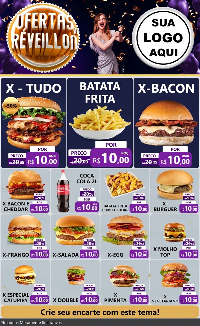 Modelo de Encarte para Encarte Grande com o tema Ofertas de Réveillon para Hamburgueria
