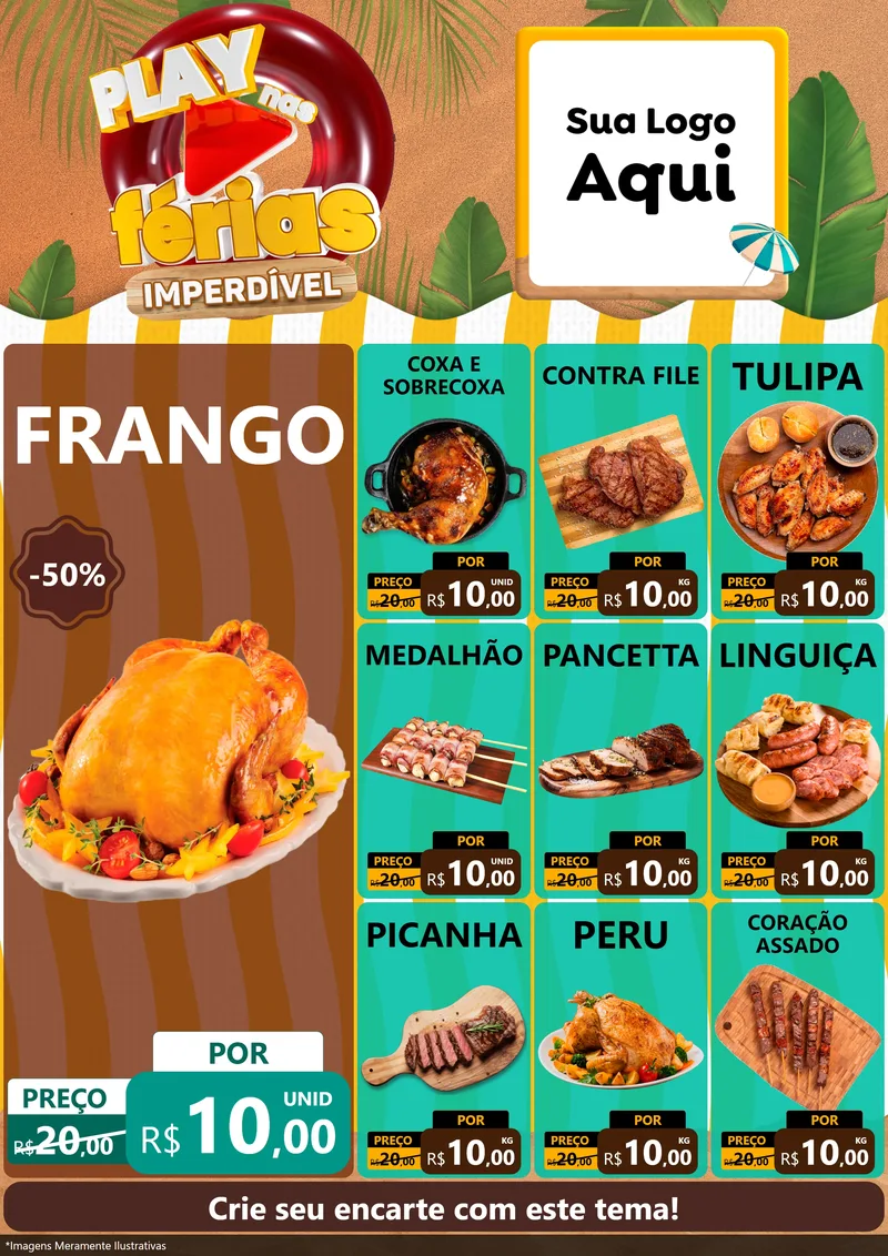 Modelo de Encarte para Encarte A4 Vertical com o tema Play Nas Férias Imperdível para Assados