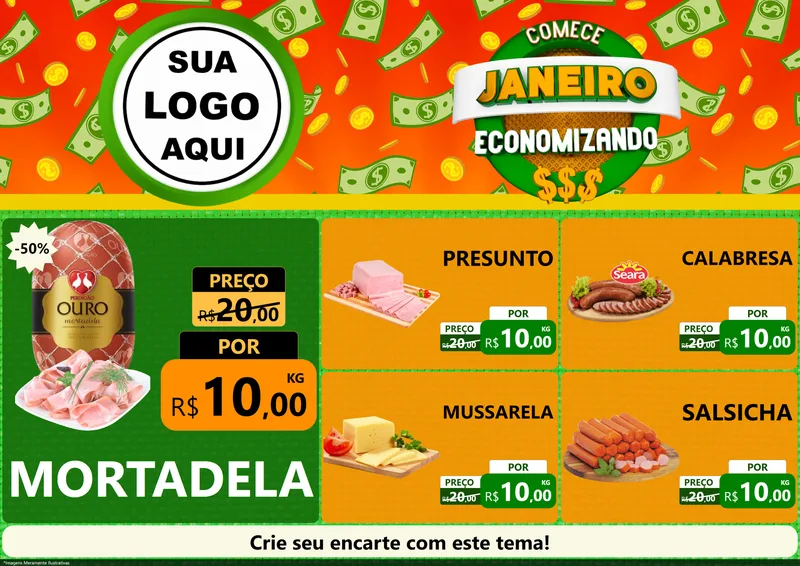 Modelo de Encarte para Encarte A4 Horizontal com o tema Comece Janeiro Economizando para Frios e Laticínios