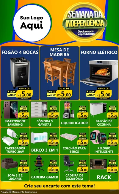 Modelo de Encarte para Encarte Grande com o tema Semana da Independência Declaramos Preços Baixos para Móveis e Eletro