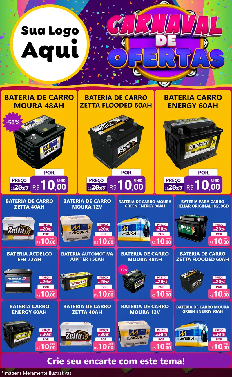 Modelo de Encarte para Encarte Grande com o tema Carnaval de Ofertas para Baterias Elétricas
