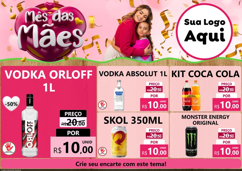 Modelo de Encarte para Encarte A4 Horizontal com o tema Mês das Mães para Distribuidora de bebidas
