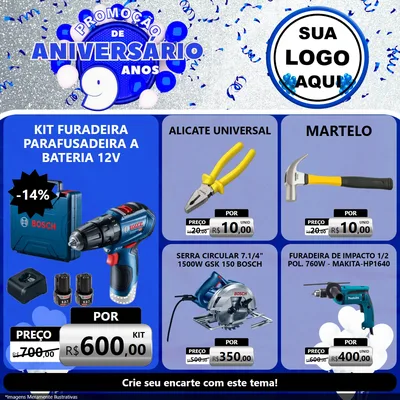 Modelo de Rede Social para Feed Facebook com o tema Promoção de Aniversário - 9 Anos para Maquinas e Ferramentas