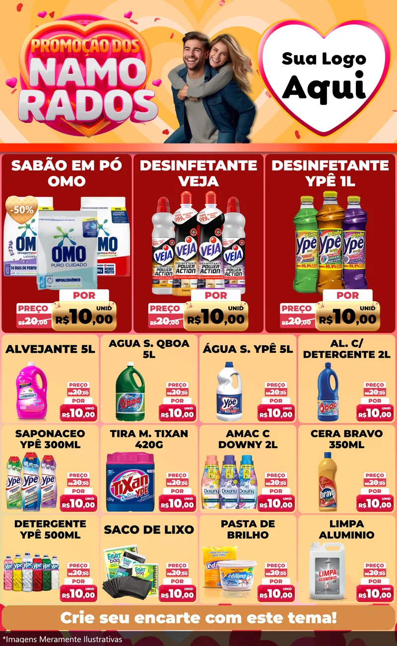 Modelo de Encarte para Encarte Grande com o tema Promoção dos Namorados para Produtos de Limpeza