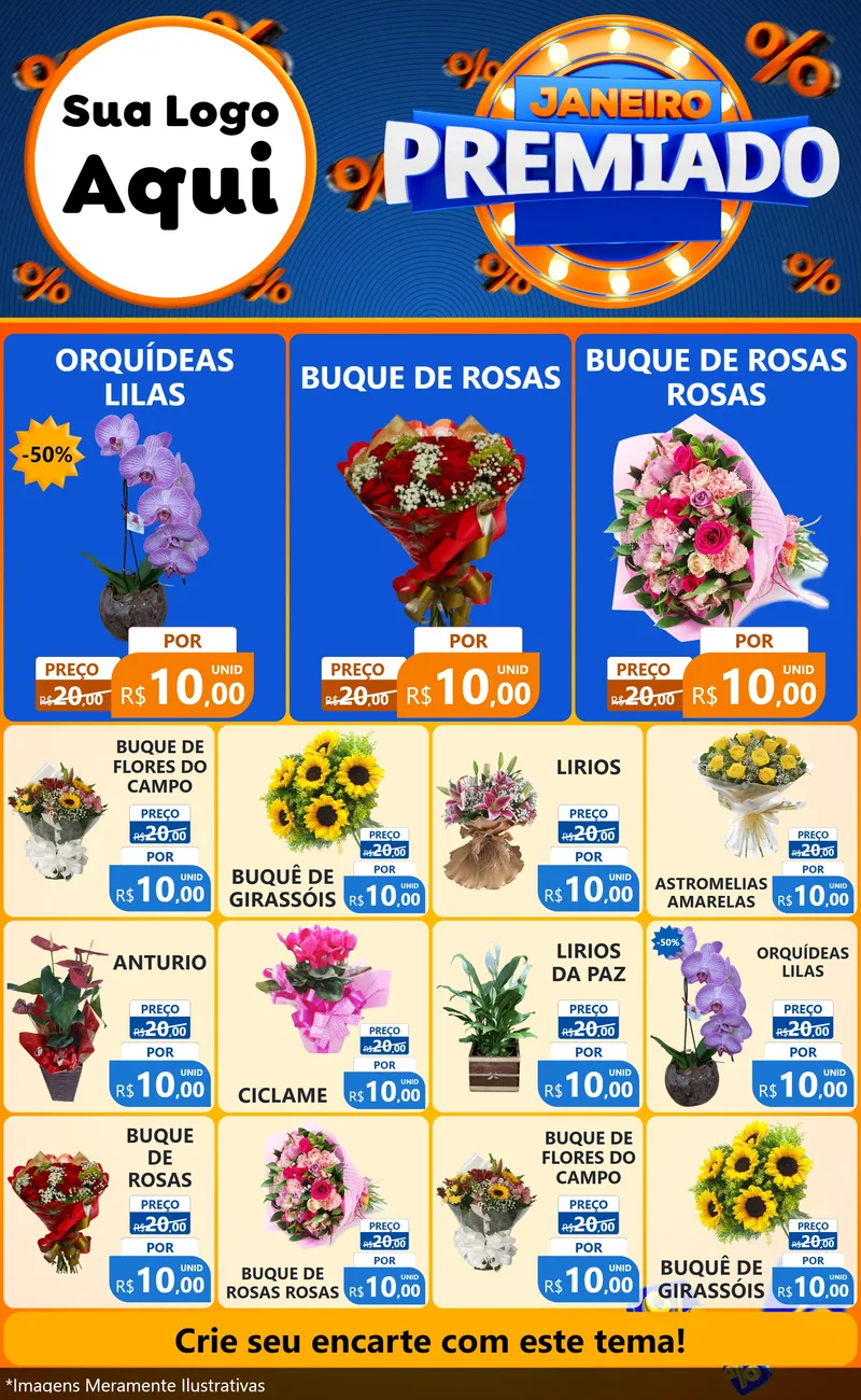 Modelo de Encarte para Encarte Grande com o tema Janeiro Premiado para Floricultura e jardim