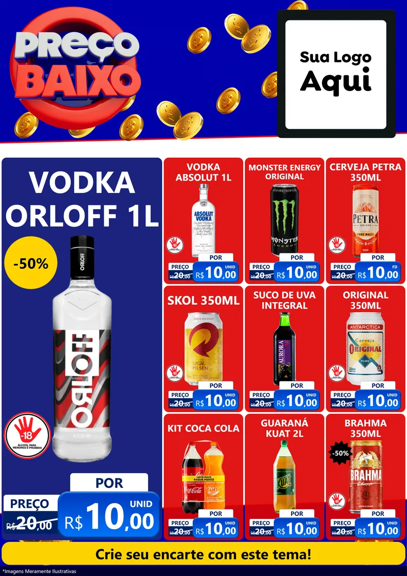 Modelo de Encarte para Encarte A4 Vertical com o tema Preço Baixo para Distribuidora de bebidas