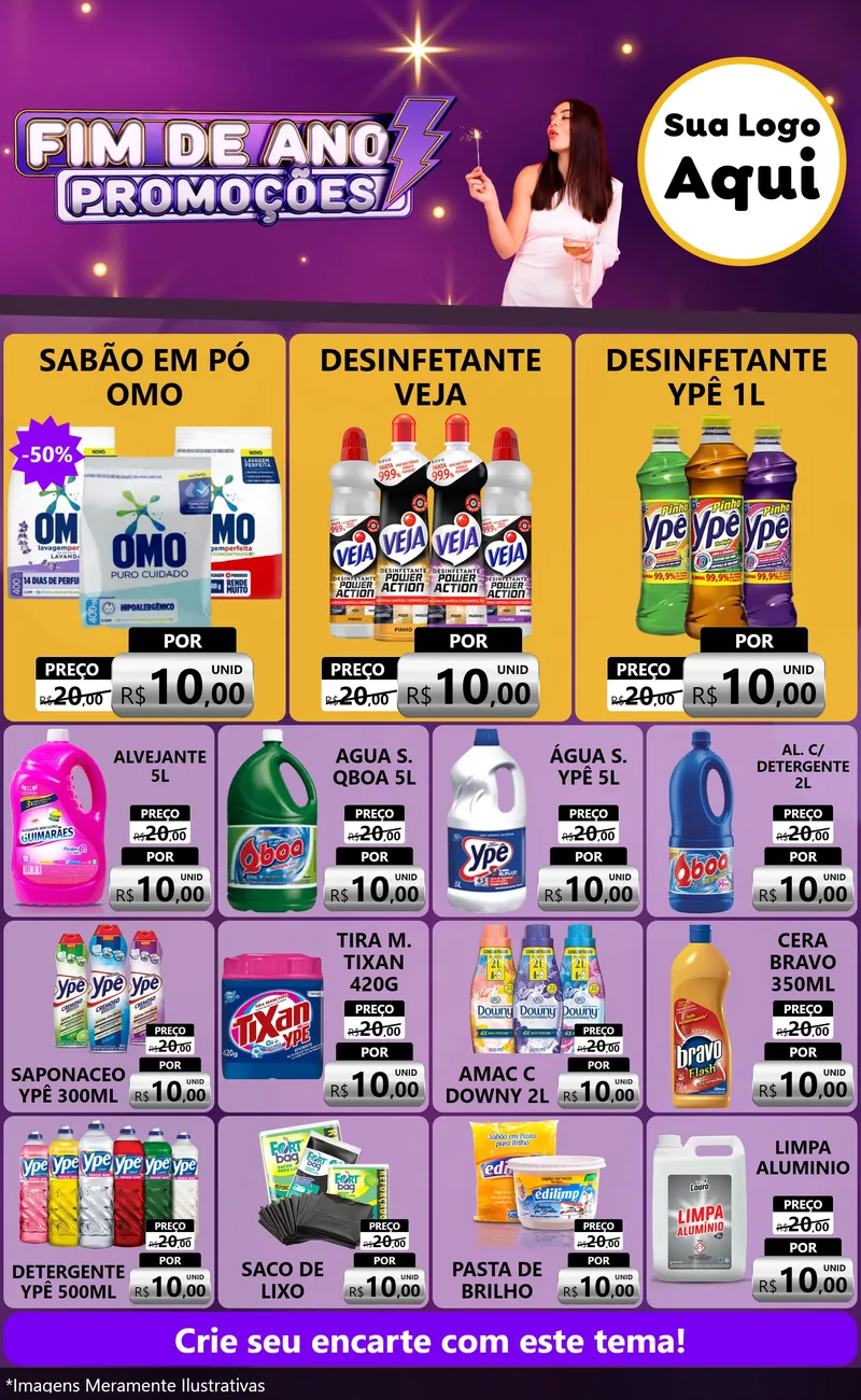 Modelo de Encarte para Encarte Grande com o tema Fim de Ano Promoções para Produtos de Limpeza