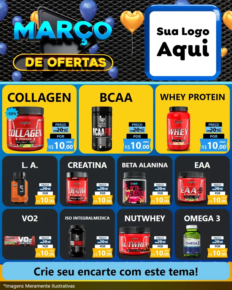 Modelo de Rede Social para Feed Instagram com o tema Março de Ofertas para Suplementos alimentares
