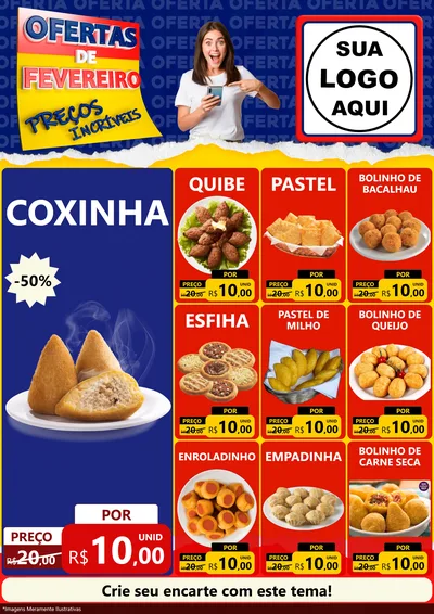 Modelo de Encarte para Encarte A4 Vertical com o tema Ofertas de Fevereiro - Preços Incríveis para Salgadaria
