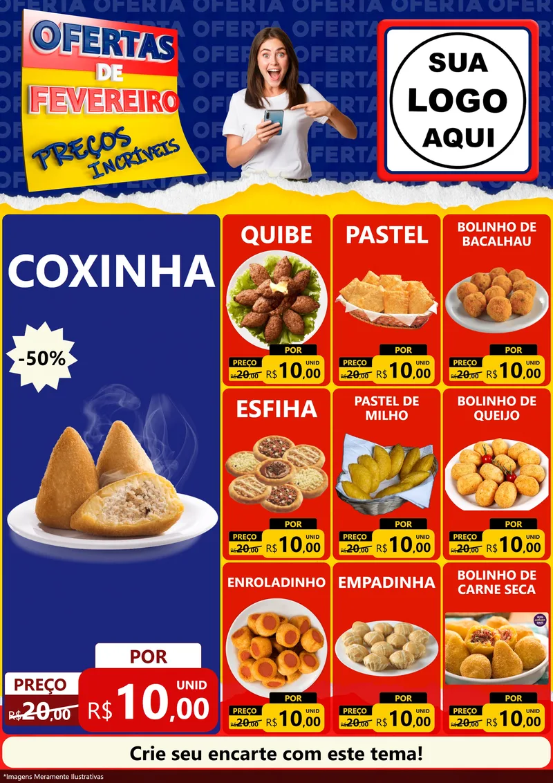 Modelo de Encarte para Encarte A4 Vertical com o tema Ofertas de Fevereiro - Preços Incríveis para Salgadaria