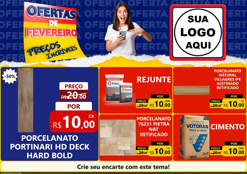 Modelo de Encarte para Encarte A4 Horizontal com o tema Ofertas de Fevereiro - Preços Incríveis para Pisos e revestimentos